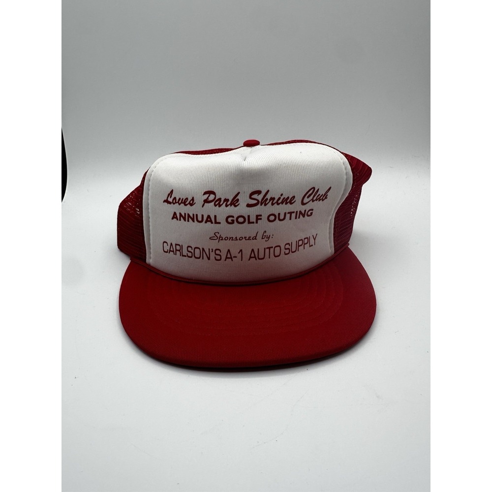 Vintage Lowes Park Shrine Club Golf Outing Trucker Hat Red White Carlsons A-1 Au